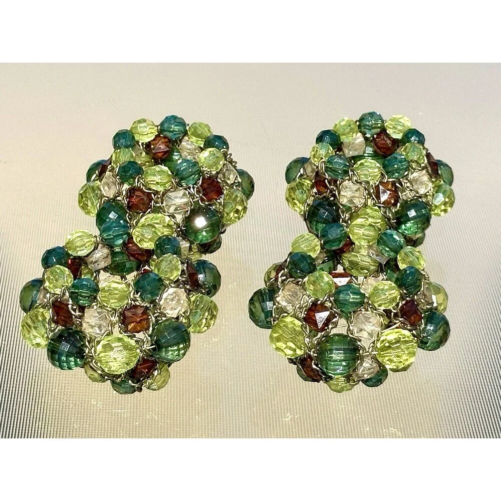 Set Of 4 Pier 1 Imports Green and Amber Faux Crystal Beaded Napkin Rings Round